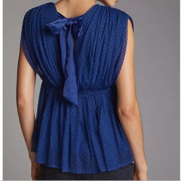 ANTHROPOLOGIE V-Neck Tulle Blouse Navy Blue Bow Size Small Dainty Chic Polka Dot - Picture 2 of 8